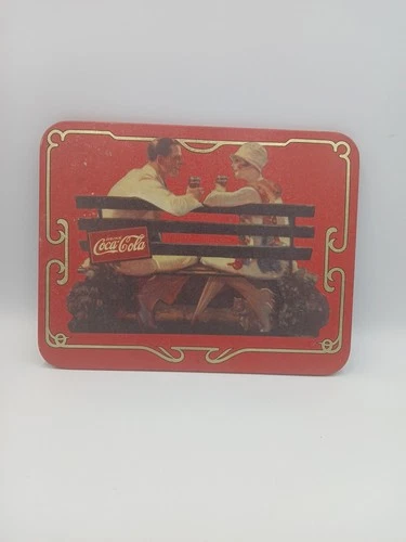 Vintage 1996 Coca-Cola Metal Tin Sign Man and Woman Sitting On A Bench 8.5 x 6.5