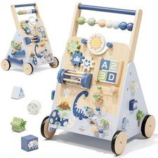 Chariot de Marche Bébé en Bois Trotteur Jouet 1 An Éveil Bleu