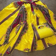 Yellow African Dashiki Print Skirt and Matching Handbag Bag Set Women's Fashion