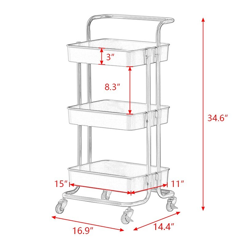 3 Tier Rolling Kitchen Trolley Cart Metal+PP Storage Shelves Rack