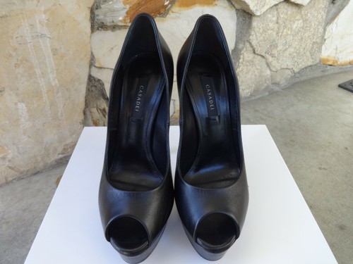 Casadei Skyhigh Stiletto Blade Black Leather Peep-Toe Platform Pumps EU size 8.5 - Picture 10 of 12