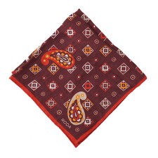 NWT RODA Burgundy-Red-Orange Paisley Medallion Print Linen Pocket Square