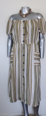 WOMAN NAIF STRIPED DRESS Size XL Elastic waist Closed Front Buttons Pockets
