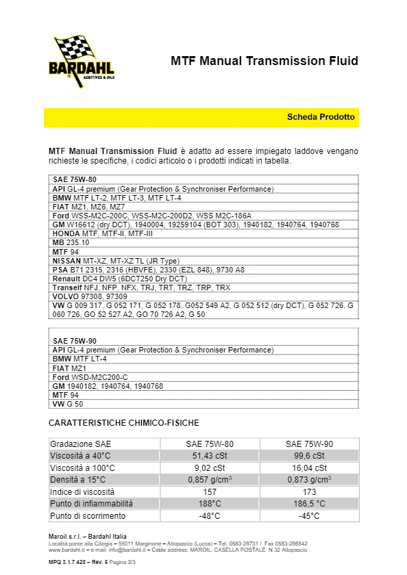 1 LITRO OLIO BARDAHL TRASMISSIONI CAMBIO MANUALE MTF 75W80 API GL-4 Premium 1LT - Immagine 3 di 3