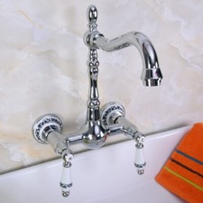 Polished Chrome Brass Ceramic Handles Wall Mount Kitchen Faucet Basin Sink Tap