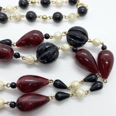 Vtg Marbled Red Black Melon Bead Lucite Faux Pearl Tear Gold