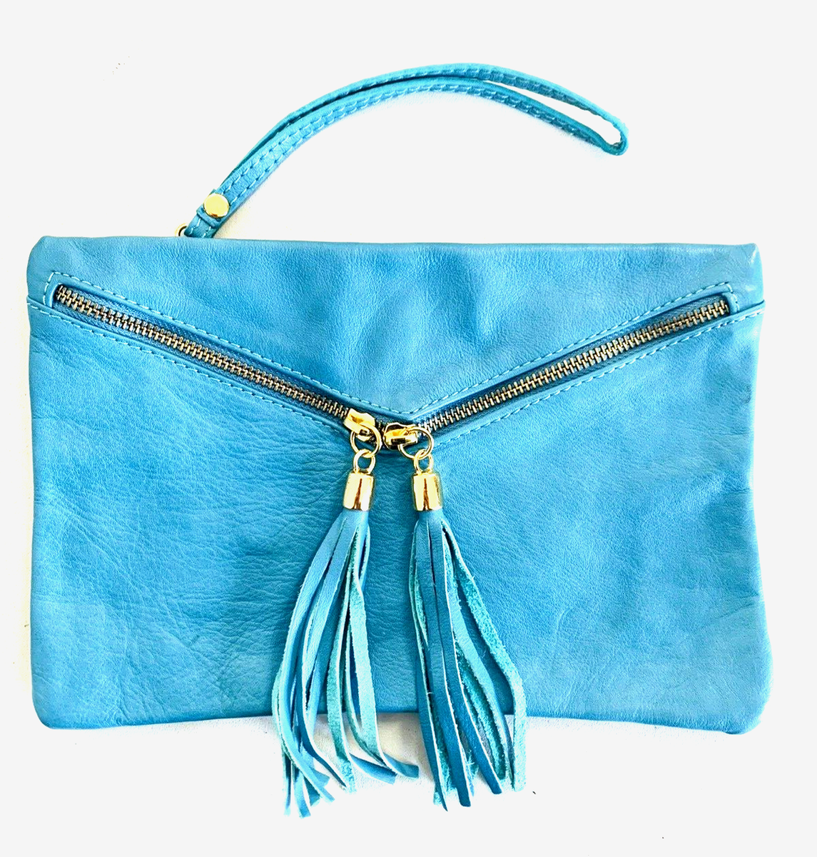 Woman Leather Purse Clutch Wrist Strap Zipper Tassels Aqua Made in