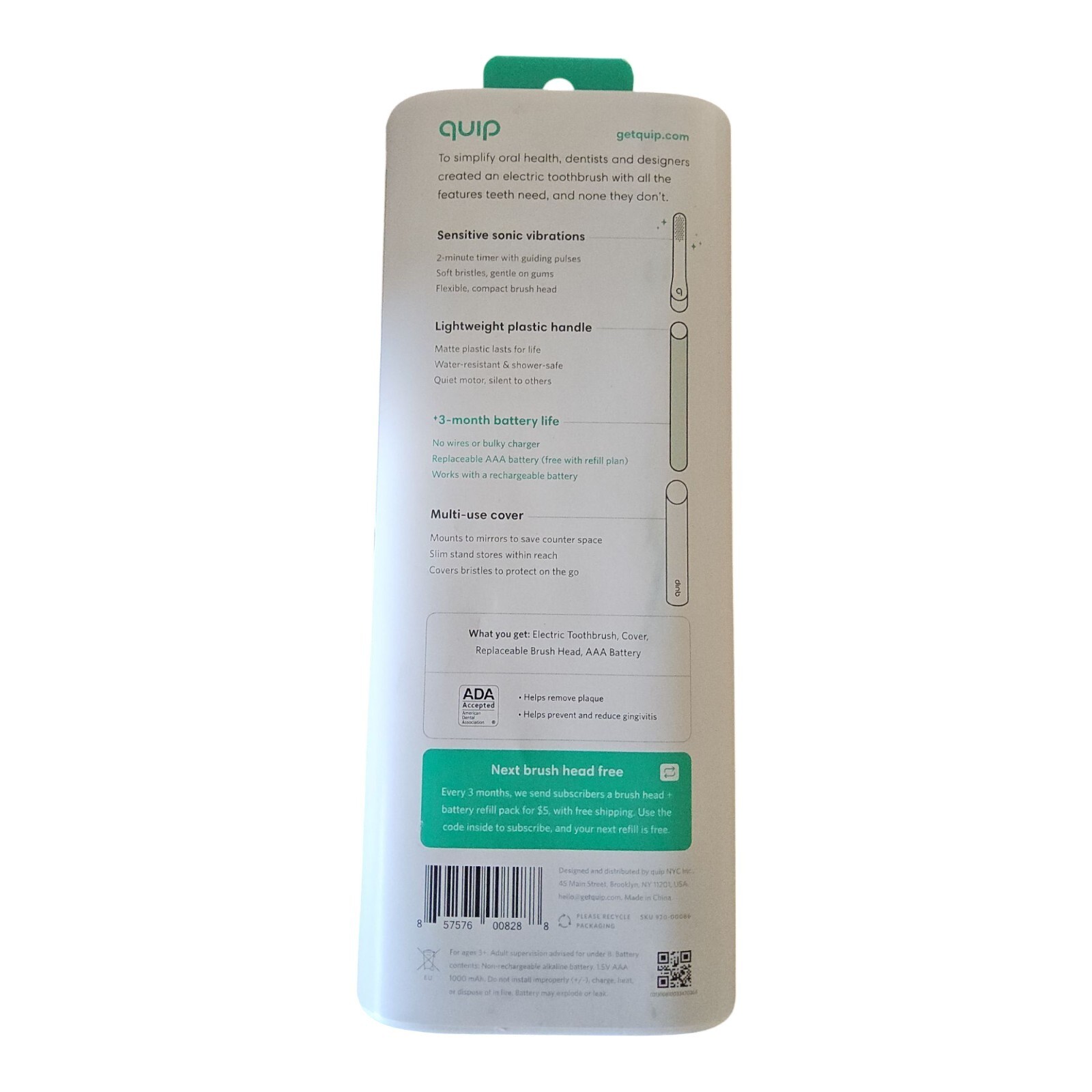 Quip Electric Toothbrush, Green, New