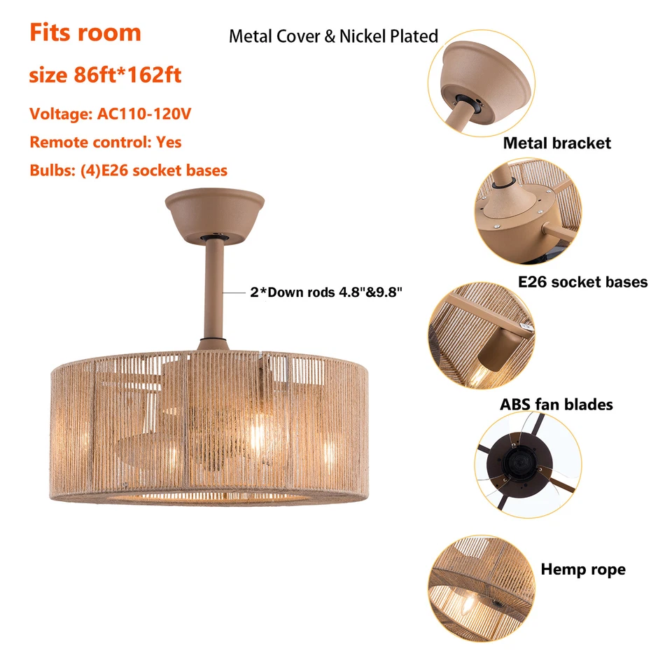 Caged Ceiling Fan Light Chandelier Fan Hanging Lamp & Remote For Living Room - Image 2 of 4