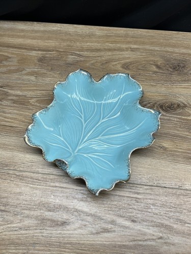 Vintage California Original #600 USA Art Pottery Leaf Bowl Blue Gold 9-1/2”