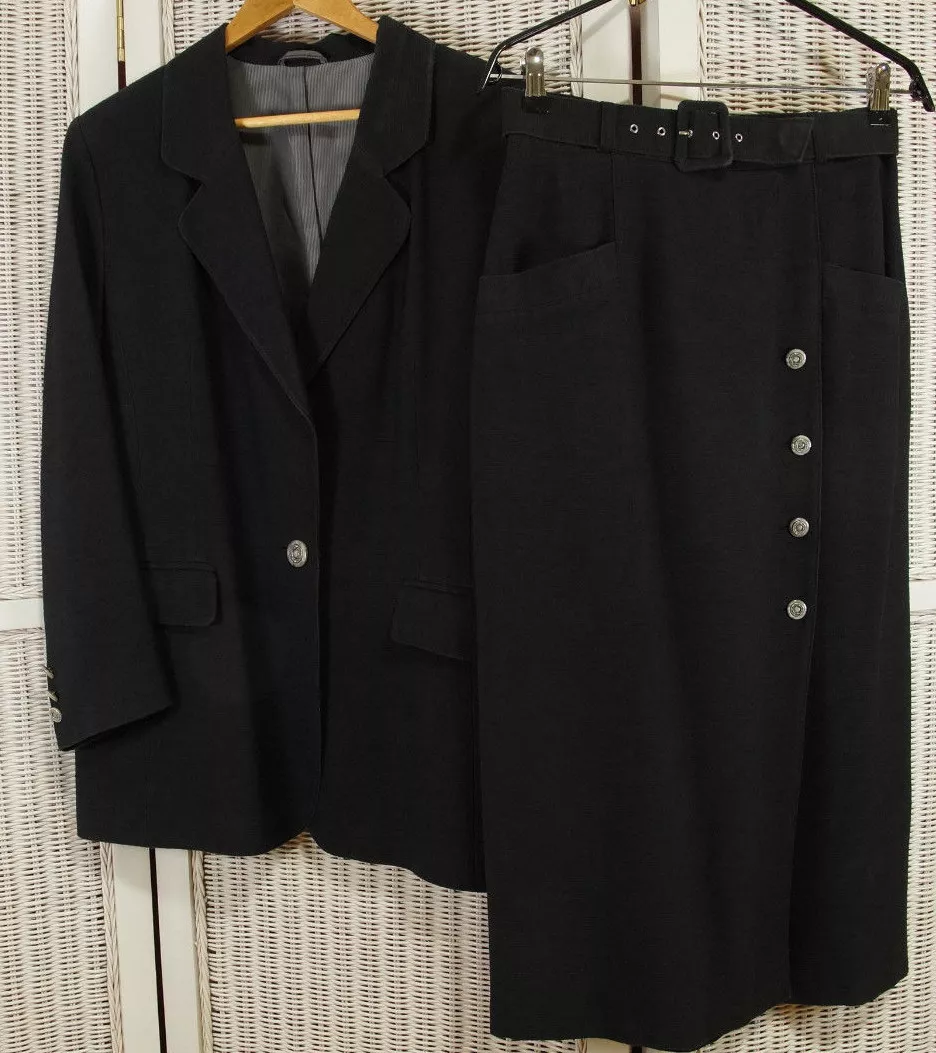 TUZZI Vtg 2 Piece Black Skirt Suit Blazer Pencil Skirt EU40 Slubby Silk Blend eBay