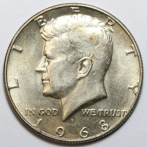 1968-D 50c Kennedy 40% Silver Half Dollar Uncirculated - RAW - Toned