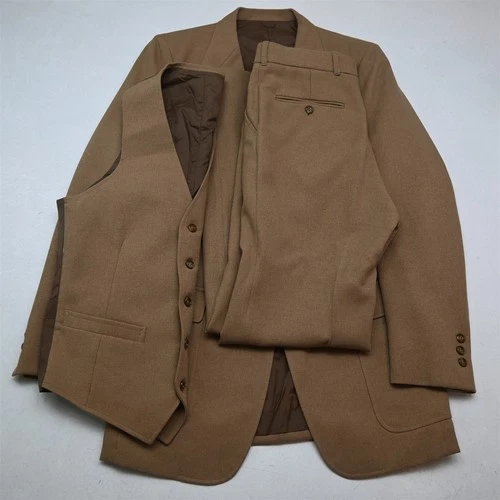 Vtg 3 Piece 38L 29x32 Khaki Vest Bootcut Flared Mens Jacket Pants Suit