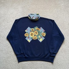 Vintage Sunflower Sweatshirt Womens XL Navy Mock Neck Patchwork Made USA 90s
