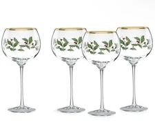 Lenox Holiday Balloon Wine Glasses Holly Berry Leaves SET of 4 Christmas NEW Box