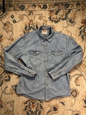 Wrangler Shirt Mens Large Blue Denim Long Sleeve Western Snap Pockets Casual