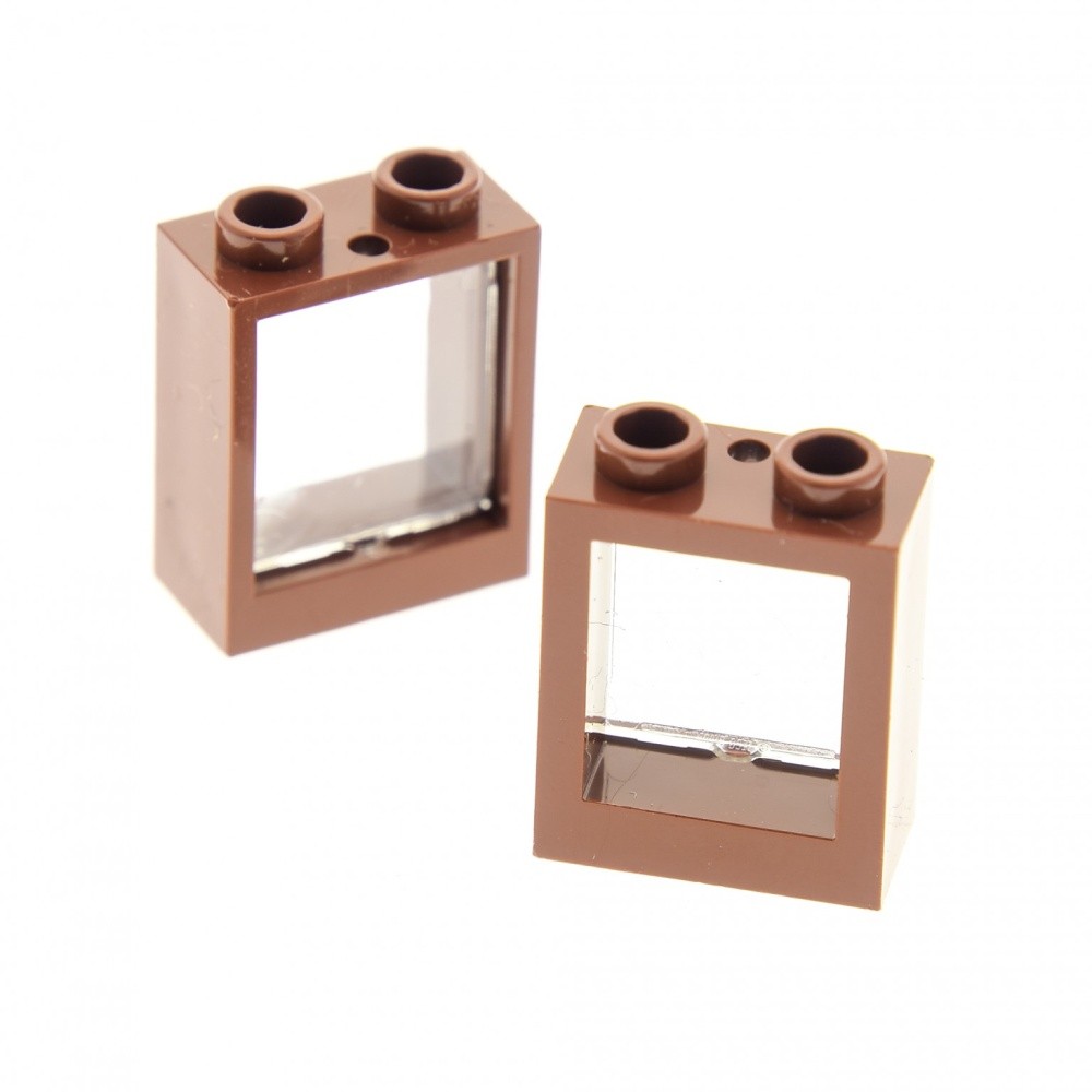 2x Lego Window Frame 1x2x2 Red Brown Pane Transparent White 60601 60592c01