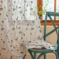 2 Panels Embroidered Leaf Pattern Semi Sheer Curtains Foliage Floral Voile Wi...