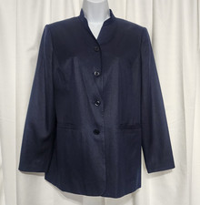 Vintage Talbots Blazer Jacket Petite 6 Navy Blue Silk Wool Blend Banded Collar