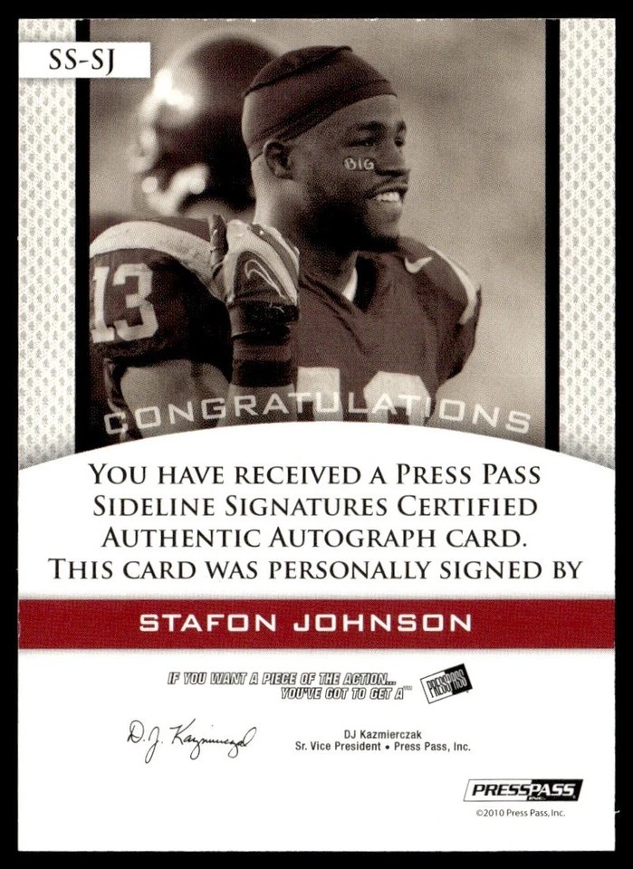 2010 Press Pass Sideline Signatures Auto Stafon Johnson #SS-SJ - Image 2 of 2