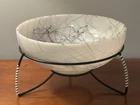 Mid Century Milk Glass Atomic Spaghetti Splatter Bowl with Black Metal Stand MCM