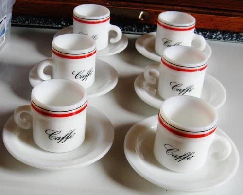 6 VINTAGE CERVE ITALY DEMITASSE CAFFE CUPS & SAUCERS WHITE MILK GLASS RED STRIPE