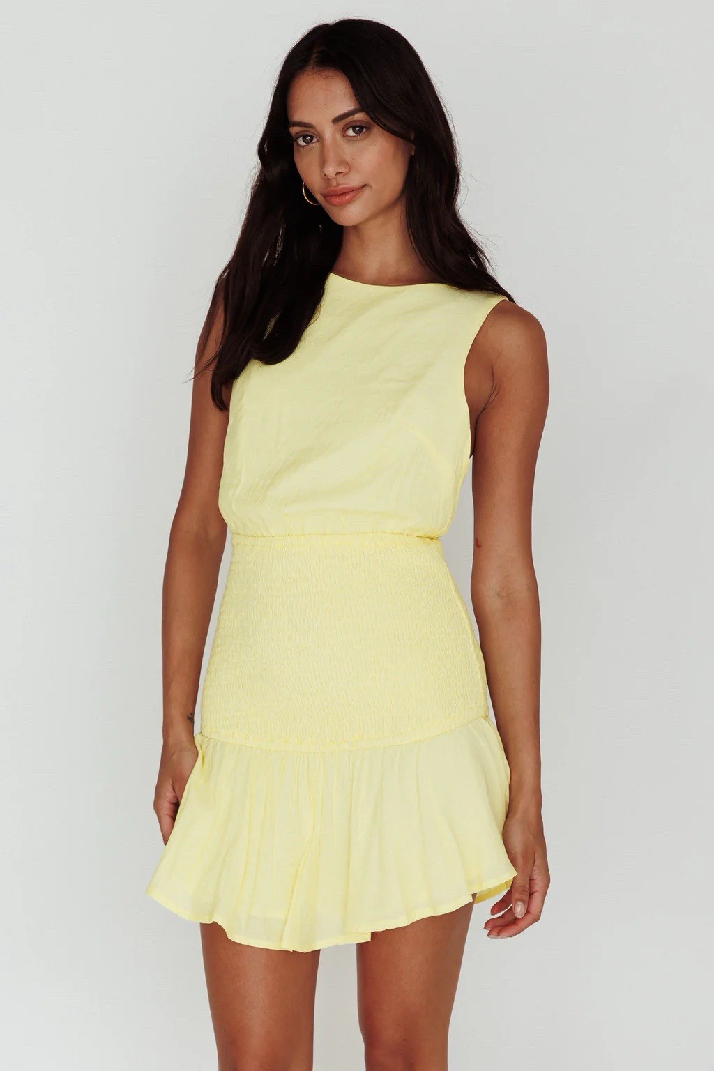 NWT Hello Molly Antonine Yellow Mini Dress Shirred Waist Open Back Cotton US 8