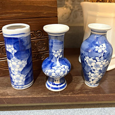 Set of 3 Blue & White Floral Ceramic Bud Vases, Glossy Decorative Finish