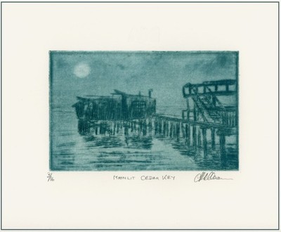 CEDAR KEY FLORIDA Moonlight THE OLD FISHING PIER Dock. ORIGINAL ETCHING Signed