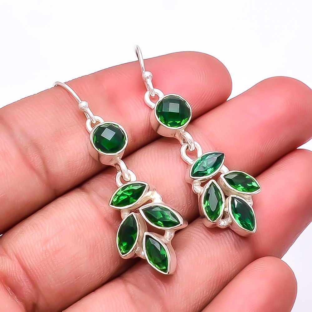 Simulated Emerald Multi Collet 925 Sterling Silver Earrings 2.03 Inch E80043347