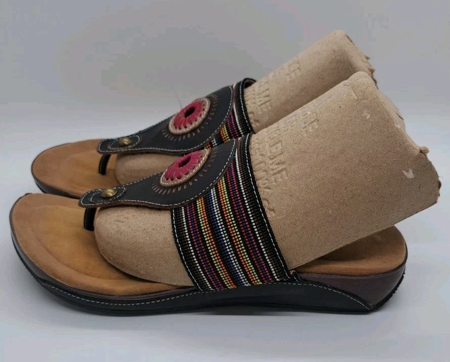 Spring Step Yasmine Flip Flops 6.5/37 Thong Sandals Black Leather Boho Colorful - Image 3 of 4