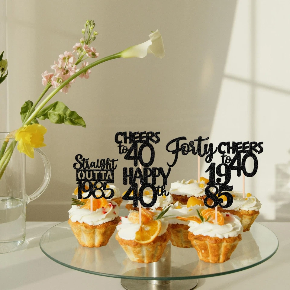 30 PIEZAS Toppers de Cupcakes Felices Negro Brillo Cuarenta para 40 Cumpleaños, Boda An... Foto 4 de 4