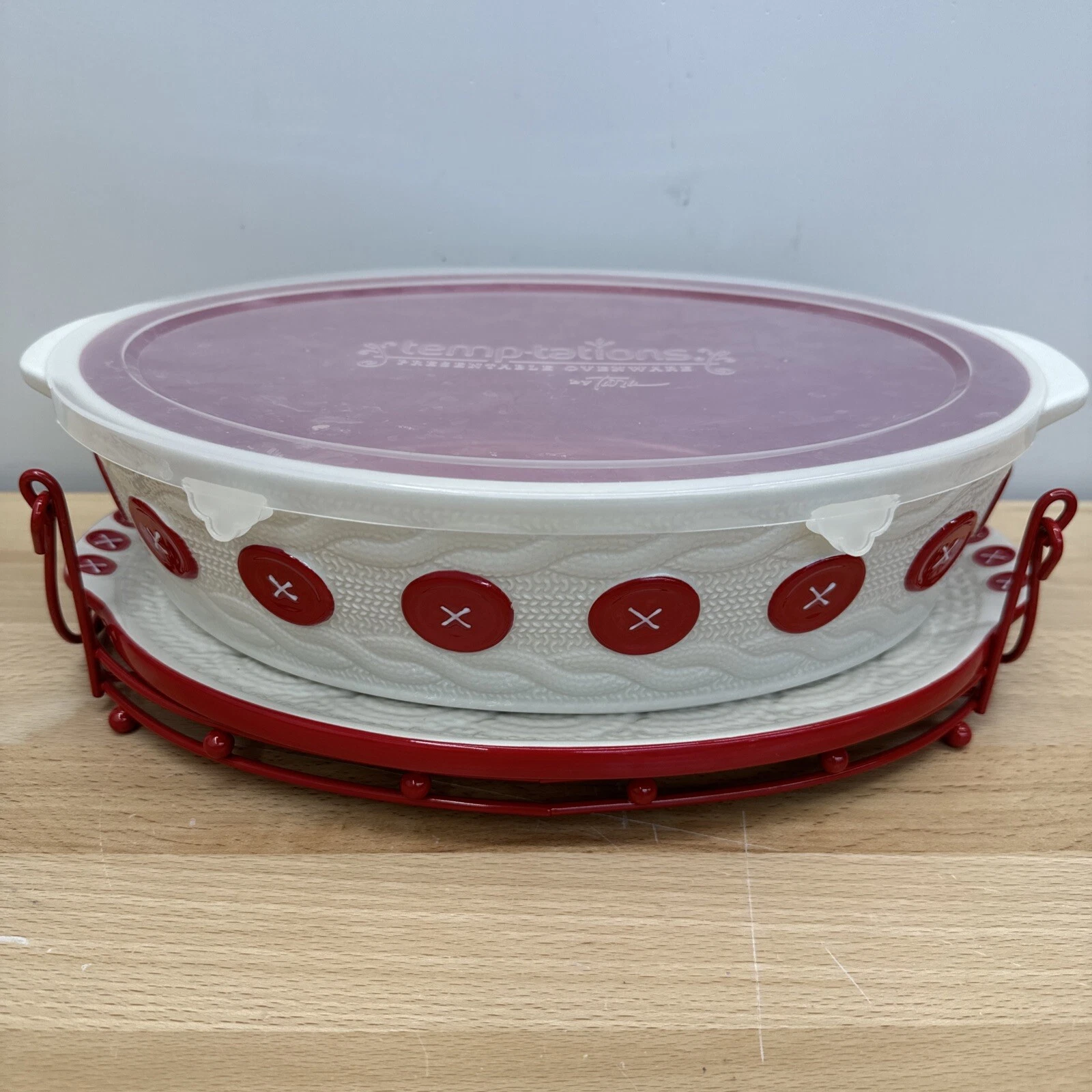 Limited Edition Temp-tations by Tara Cozy Cable Knit Red Button Ovenware Holiday