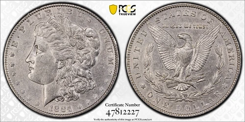1884 P $1 MORGAN SILVER DOLLAR PCGS AU50 Protected by Gold Shield & TrueView