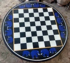 Black Marble Round Chess Set Top, Lapis Elephant Mosaic Art, Holiday Gifts Decor