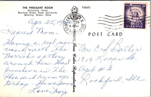 Bowling Green OH Pheasant Room State University Union Art Birds postcard GQ1 - Picture 2 of 2
