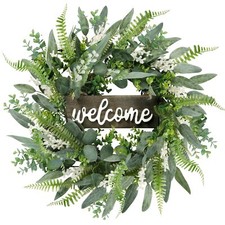 Sggvecsy Green Artificial Eucalyptus Wreath with Welcome Sign 20in Mixed Whit...