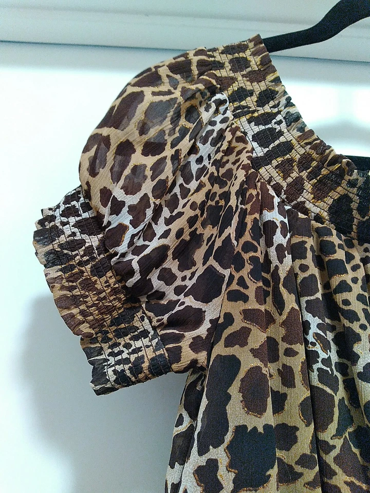 Mujer Tops/Blusa Elástica Manga Hinchada, Cintura Elástica, Corto, Marrón Foto 3 de 4