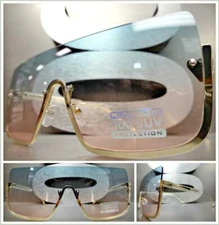 Oversized Modern RETRO Shield Style SUNGLASSES Gold Frame Mint Green & Pink Lens