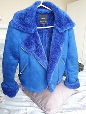 Bershka Colbat Blue Faux Fur Suede Biker Jacket Xs