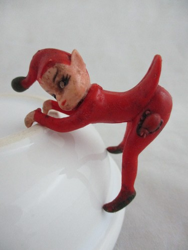 Vintage Christmas Red Pixie Elf Rubber Pot Cup Mug Hanger ~ Lady Bug on the Leg