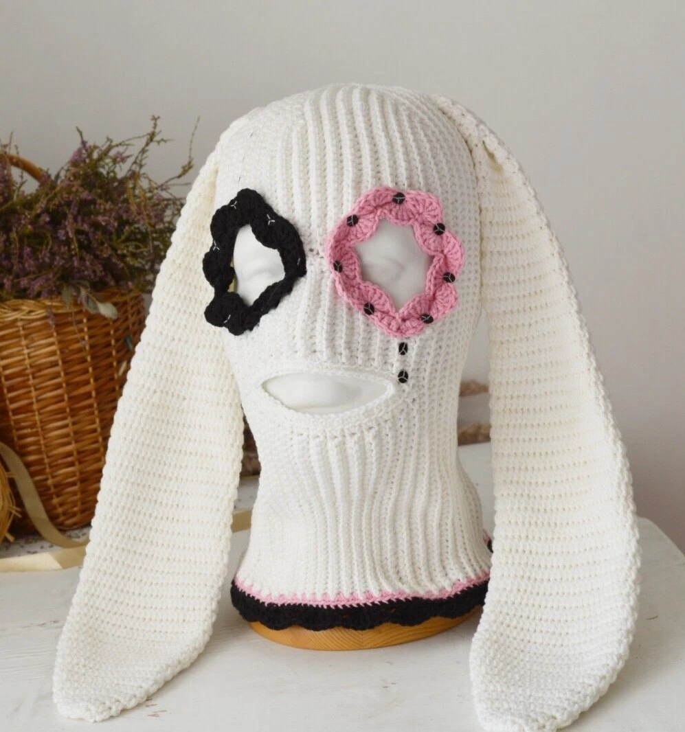 Custom crochet bunny balaclava Handmade hood mask with long ears and flower eye