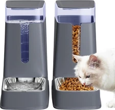 Automatic Cat Feeder 1 Gallon x 2 stainless steel food grade plasic (Gray)