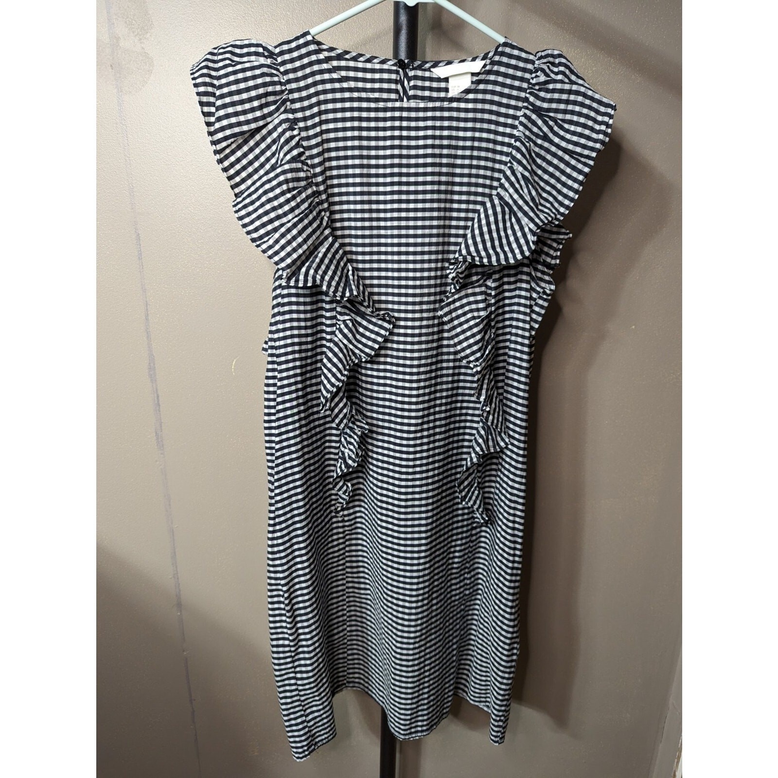 H&M Ruffle Cap Sleeve Dress Size 4 Black White Check Pockets 34