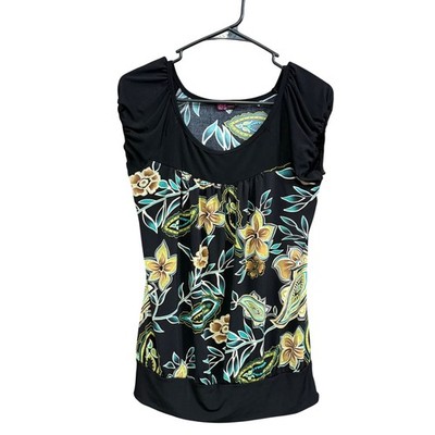 Agenda Floral Paisley Print Top Cap Sleeve Black Green Brown