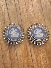 Vintage 1978 Blue Wedgwood Cameo Clip On 925 Sterling Silver Earrings