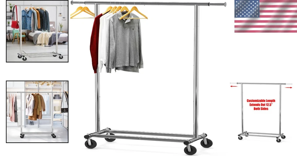 Collapsible Heavy Duty Garment Rack with Adjustable Rod - Chrome, 42 - 67 Inches - Image 2 of 4