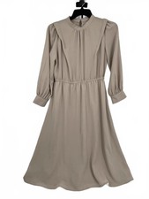 Dreskip Beige Midi A-Line Dress | Keyhole Neck Long Sleeve L Regular