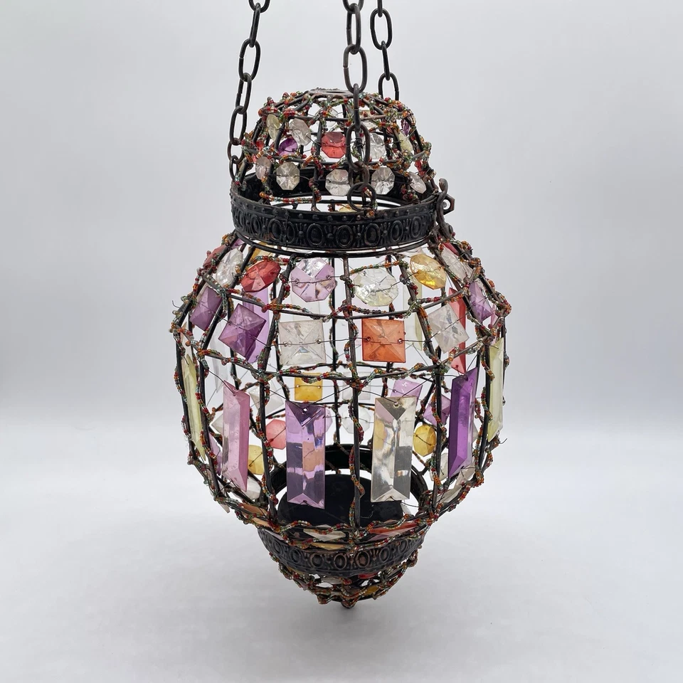 Vintage Moroccan Boho Hanging Candle Lantern 14” Colorful Faceted Glass Wire - Image 2 of 4