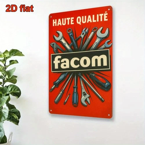 2D Flat, Tin Metal Signs Home Décor 8x12 French Sign, Vintage "FACOM Tools" Iron